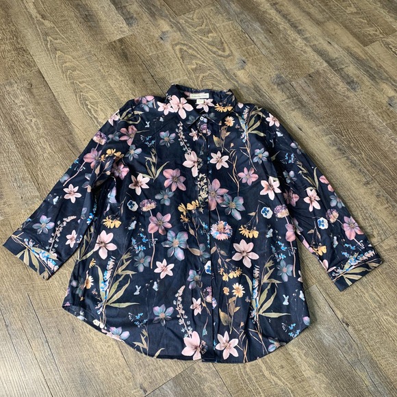 Coldwater Creek Tops - Coldwater Creek Womens Shirt Blouse Size 12 Blue Floral Button Up Long Sleeves